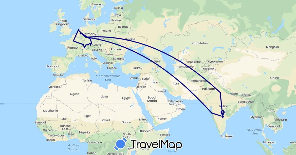 TravelMap itinerary: driving in Switzerland, Germany, France, India, Netherlands (Asia, Europe)